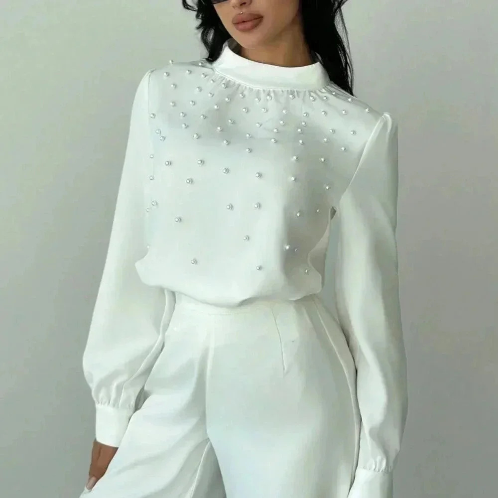 White Elegant Women's Romantic Pearl detailed Ruched Long Sleeve Blouse